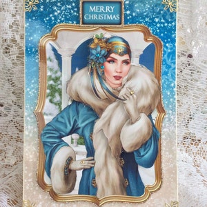Art Deco Lady Stylowa kartka świąteczna, kartka dla niej, Wesołych Świąt, kartka świąteczna, kartka świąteczna, kartka świąteczna