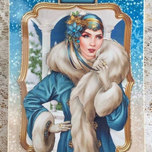 Carte de Noël élégante montrant une carte Art Déco Lady, carte pour elle, carte de Noël, carte festive, carte de joyeuses fêtes