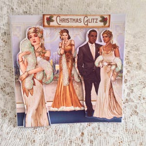 Tarjeta de pareja Art Deco lista para su baile festivo, Feliz Navidad con amor, Tarjeta festiva, Felices fiestas, Tamaño 6 x 6 pulgadas