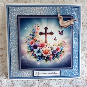 Tarjeta de condolencias de lujo, tarjeta de condolencias, cruz de condolencias, condolencias florales, tarjeta única, pensando en ti en este momento triste, tamaño 6 x 6 pulgadas