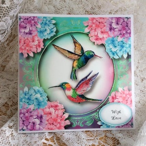 Heldere en vrolijke verjaardagskaart, Humming Bird Card, verjaardagskaart voor haar, vrouwelijke verjaardagskaart, maat 8 x 8, gratis cadeaulabels