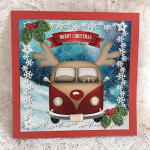 Cartão de Natal divertido, Natal em campervan, boas festas, cartão festivo, cartão pequeno, cartão feito à mão, tamanho 6 x 6 polegadas, cartão de Natal de surfistas
