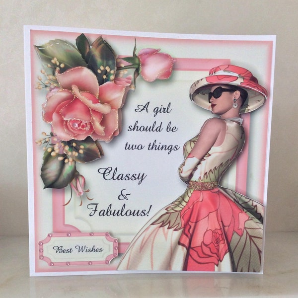 a beautiful card for a stylish Ladies Birthday, Elegant card , Special Card, Best Wishes, For a classy lady, size 8 x 8 decoupaged card