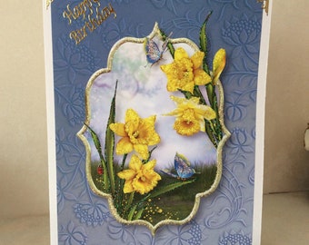 Birthday card showing Daffodils, Happy Birthday, card for her,  Handmade card, Daffodil Card, Floral card,  Size A5