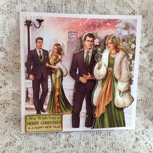 Tarjeta de pareja Art Deco lista para su baile festivo, Feliz Navidad con amor, Tarjeta festiva, Felices fiestas, Tamaño 6 x 6 pulgadas