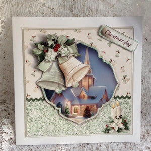 Tarjeta de Navidad de escena vintage, tarjeta de campanas de Navidad, tarjeta de Navidad, con amor en Navidad, tamaño 8 x 8 pulgadas, inserto impreso, tarjeta decoupage