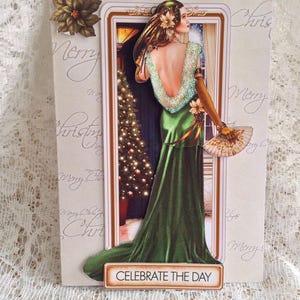 Tarjeta de pareja Art Deco lista para su baile festivo, Feliz Navidad con amor, Tarjeta festiva, Felices fiestas navideñas, Tamaño A5