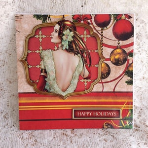 Elegante tarjeta de Navidad Art Déco, tarjeta para ella, tarjeta festiva, tarjeta y sobre, tamaño 7 x 7 pulgadas