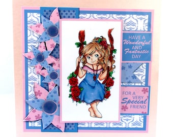May include: A pink and blue card with a girl on a swing surrounded by flowers. The card says "Have a Wonderful and Fantastic Day" and "For a Very Special Friend".