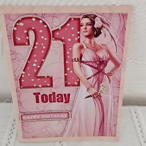 Tarjeta de cumpleaños número 21, tarjeta de felicitación para ella, tarjeta de lujo para ella, tarjeta Art Deco Lady con decoupage rosa.
