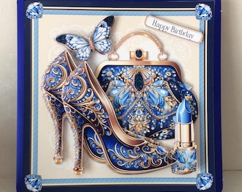 Luxury Ladies Birthday Card,, Bag and shoes card, Glamorous Ladies Birthday card, Decoupaged Card, Handmade card