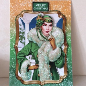 Tarjeta Art Deco Lady, tarjeta de Navidad elegante, tarjeta para ella, tarjeta de Navidad, tarjeta festiva, tarjeta grande de 8 x 8 pulgadas, felices fiestas