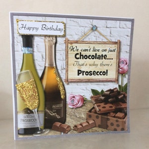 Tarjeta de cumpleaños de los amantes del chocolate, tarjeta única, tarjeta divertida, chocolate y prosecco, tarjeta moderna, tarjeta para ella, tamaño 6 x 6 pulgadas,