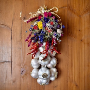 Garlic and Chili Braid Decorated, Organic, Kitchen decor, wall hanging, housewarming, house blessing