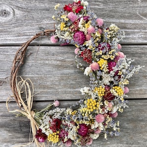 Pastelkleurige wijnstokkrans voor de herfst, 15 inch, krans voor het hele seizoen, allemaal echte bloemen