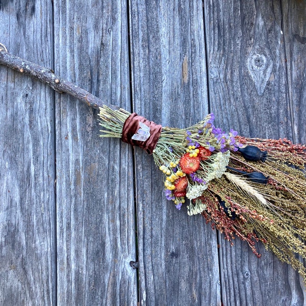 Floral Broom, 30 in, Witch's Besom Stick, Fall Decor, for good tidings, housewarming, wedding celebration, altar, decoration