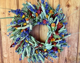 Fall Culinary Chili and Vibrant colors wreath, Organic Dried Flowers for Autumn and Thanksgiving Decor