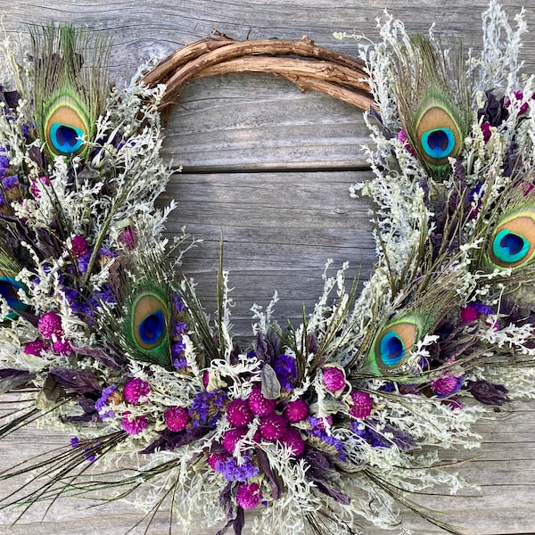Peacock Wreath, Organic Flowers and Herbs, Available in 3 Sizes