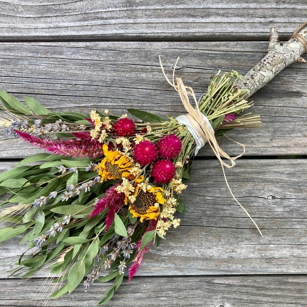 Small Floral Broom, 16 in, Witch's Besom Stick, Fall Decor, custom colors for housewarming, wedding celebration, altar, decoration