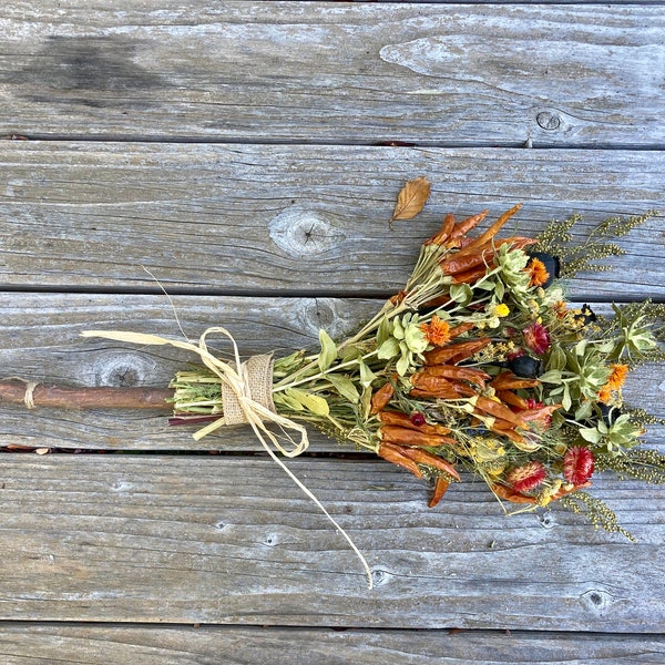 Chili Floral Broom, 30 in, Witch's Besom Stick, Fall Decor, for good tidings, housewarming, wedding celebration, altar, decoration