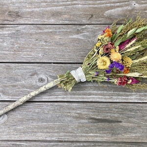 Jewel Toned Floral Broom, 30 in, Besom Stick for good tidings, house warming, wedding, fall celebration, altar decoration