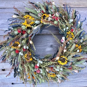 Fall Sunflower Lavender Wreath, All season wreath, organic, Four sizes available, harvest wreath, wheat wreath