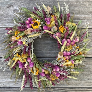 Sunflower Wheat Wreath, 14 inch, All season wreath, organic