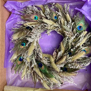 Peacock Feather Greenery Wreath, All real materials, minimalist decor