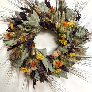 Culinary Herbal Wreath, Cook’s Wreath, Kitchen Wreath, organic dried herbs, wheat and real flower wreath