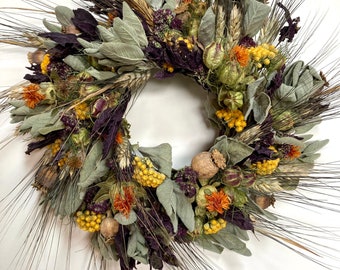 Culinary Herbal Wreath, Cook’s Wreath, Kitchen Wreath, organic dried herbs, wheat and real flower wreath