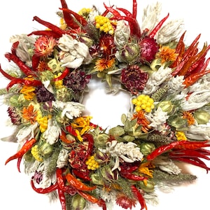 Silberner Sonnenblumen und Chilies-Kranz, Tür- oder Wandkranz, Bio-Trockenblumen. 3 Größen