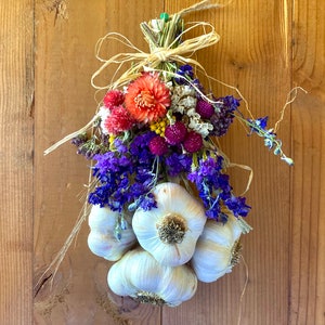 Small Organic Garlic Braid with Dried Herbs & Flowers - Italian House Blessing, Micro-farmed, Housewarming gift