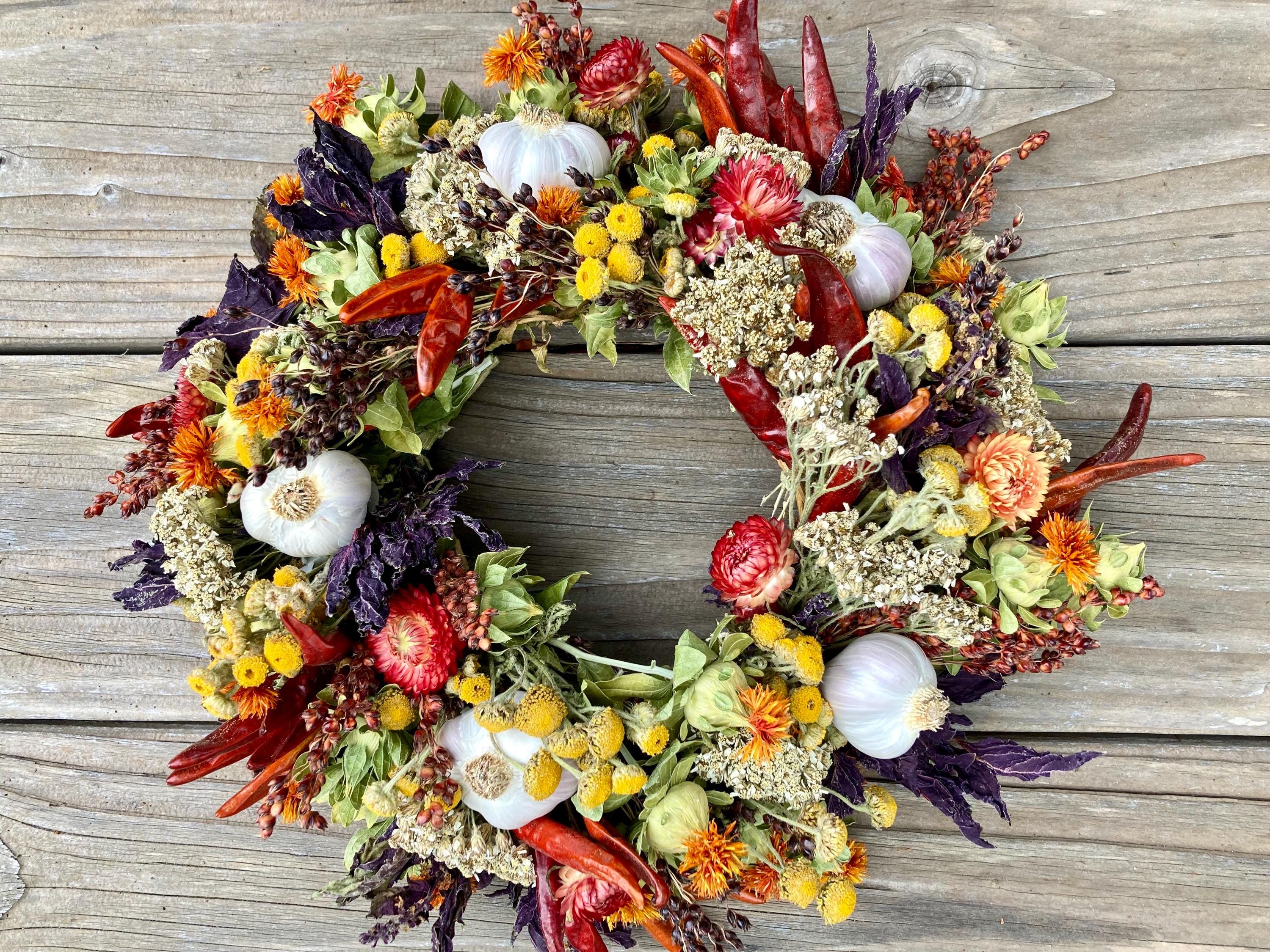 Herbal Wreath With Garlic, Chilies and Dried Flowers, All Season