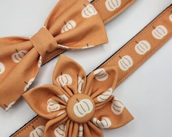 Handmade Pumpkin Dog Collar: Orange & White Fall Bow Tie or Flower