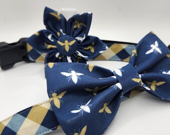 Handmade Plaid Dog Collar with Bowtie or Flower, Gold & Navy Bee Design