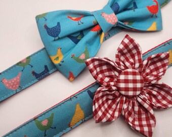 Handmade Dog Collar with Bow Tie or flower. Chicken Design in multi colors.