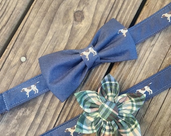 Handmade Germain Shorthair Pointer Dog Collar: Navy and Green with Plaid Bow Tie or Flower