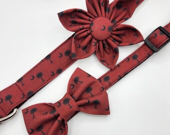 Handmade Palmetto Dog Collar: Garnet & Black, Bow Tie or Flower