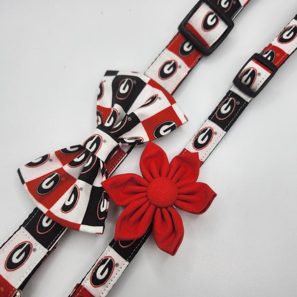 Georgia Bulldog Dog Collar with Bow tie or Flower. Black, White and Red. UGA. Perfect for college football season! Bulldogs. Red Flower.