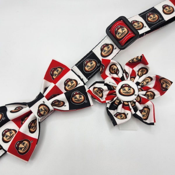 Handmade Dog Collar with Bow Tie or Flower. Ohio State Buckeyes. Red, Black, White.  Washable and Durable. College football. Brutus