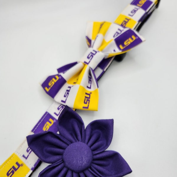 LSU Tigers Dog Collar with Bow tie or Flower. Purple, Yellow. Perfect for football season! Washable. Durable. Adjustable. SEC