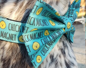 Handmade Chick Magnet Dog Collar with Bow Tie: Turquoise Blue & Yellow