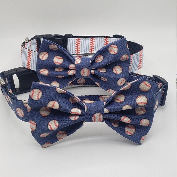 Handmade Dog Collar with Bow Tie. "Baseball" collar. Baseball laces in blue, white and red. Baseballs have navy background. Durable.