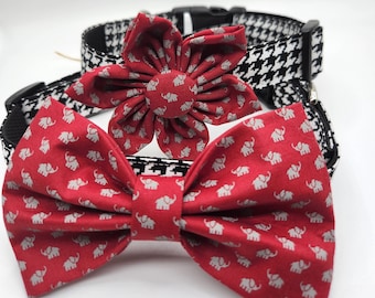 Alabama Dog Collar with bow tie. Houndstooth Collar with Elephant Big AL bow tie. Crimson Tide. Black, White and Red. Football