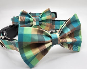 Handmade Teal Plaid Dog Collar with Bow Tie