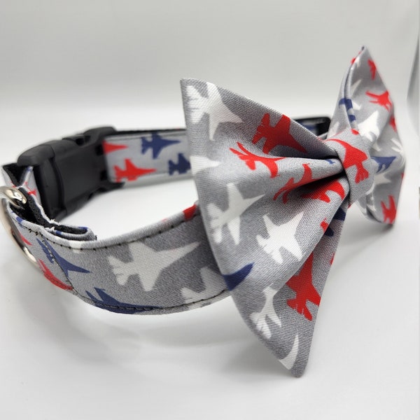 Handmade Dog Collar with Bow Tie. Baxter Collar. Airplane design in gray, red, white and blue. Air Force. America. Army. Washable. Durable