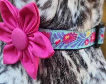 Handmade Floral Dog Collar: Teal, Pink and Green Jacquard Ribbon, Pink Flower