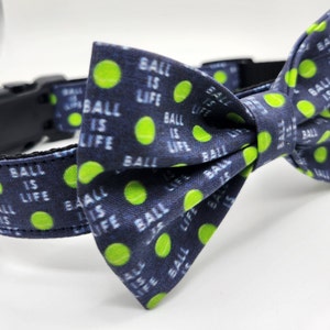 Handmade Dog Collar with Bow Tie. Fetch Collar.Green tennis balls on navy background. Perfect for your ball loving dog. Washable Durable.