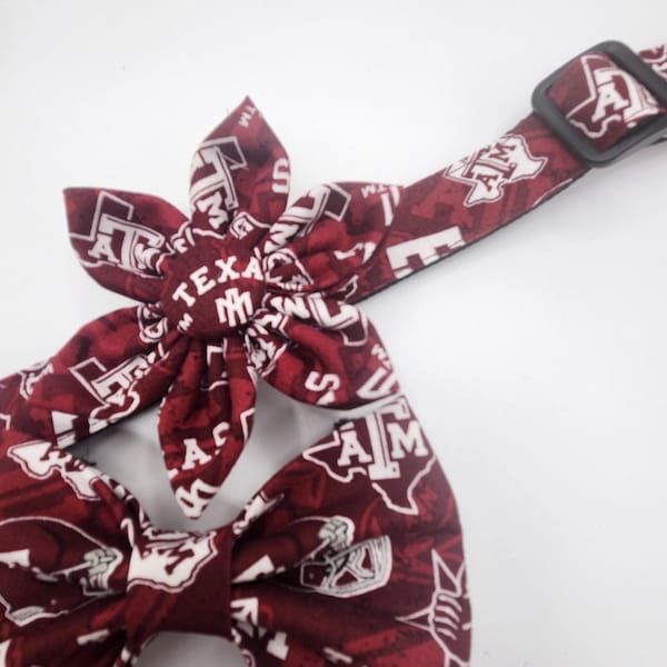 Handmade Texas A & M Aggies Dog Collar with Bow Tie or Flower. Washable and Durable. College football. SEC.