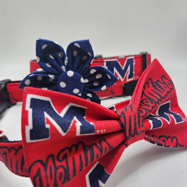 Ole Miss Dog Collar with Bow tie or Flower. Red and blue. Perfect for football season!